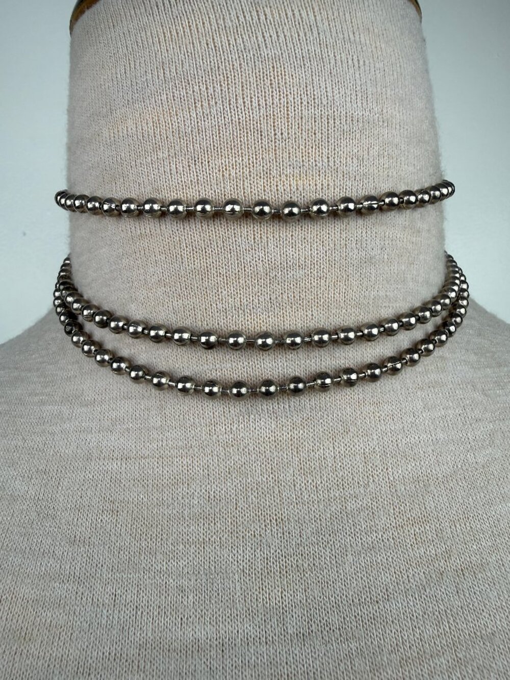 Three Strand Ball & Chain Silver Tone Choker Necklace 15" 90s Grunge